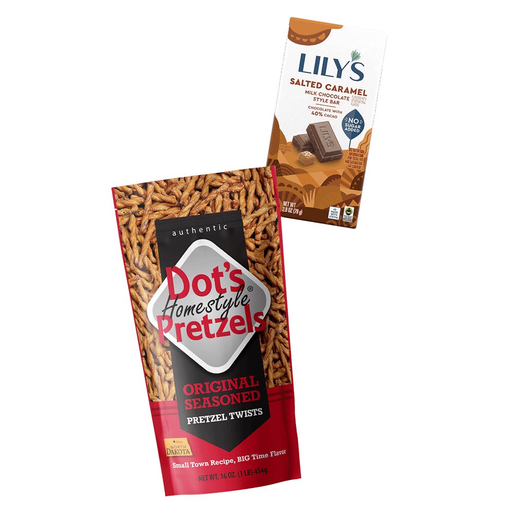 lilys milk chocolate style bar beside bag of dots homestyle pretzels
