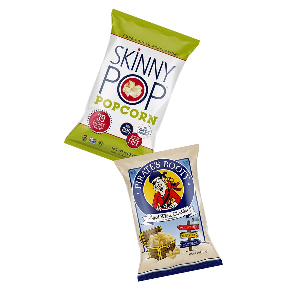 bags of skinnypop popcorn and pirates booty puffs