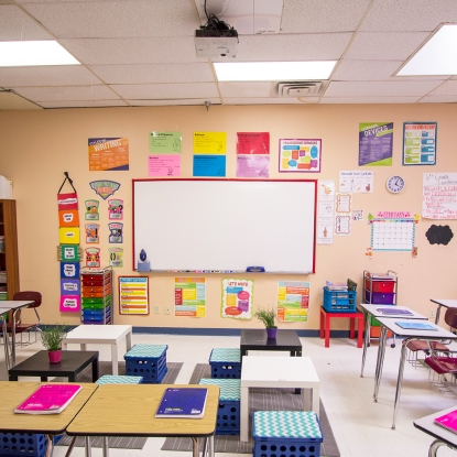 classroom filled with school supplies