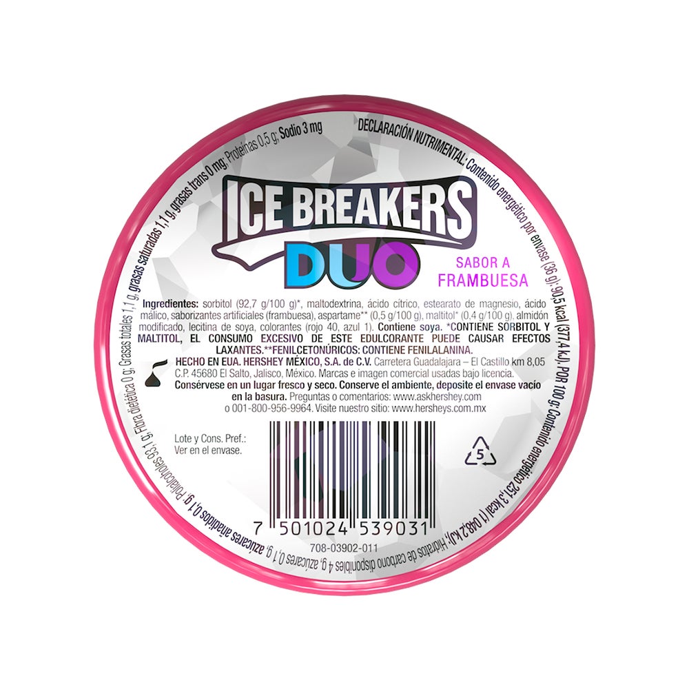 ICE BREAKERS DUO sabor a Frambuesa 9.6gms pack 8 piezas