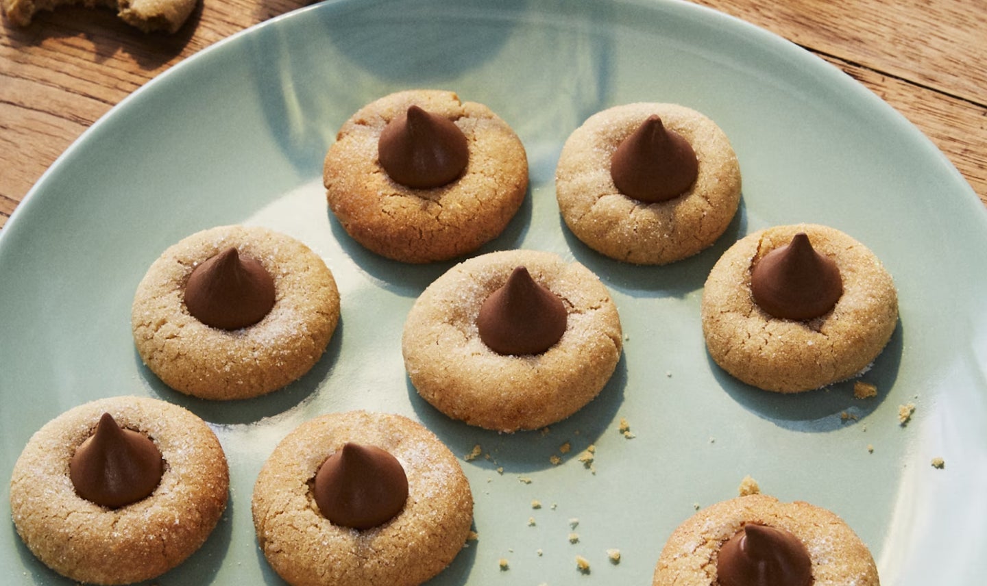 Peanut butter blossom cookies topped with Hershey's Kisses.