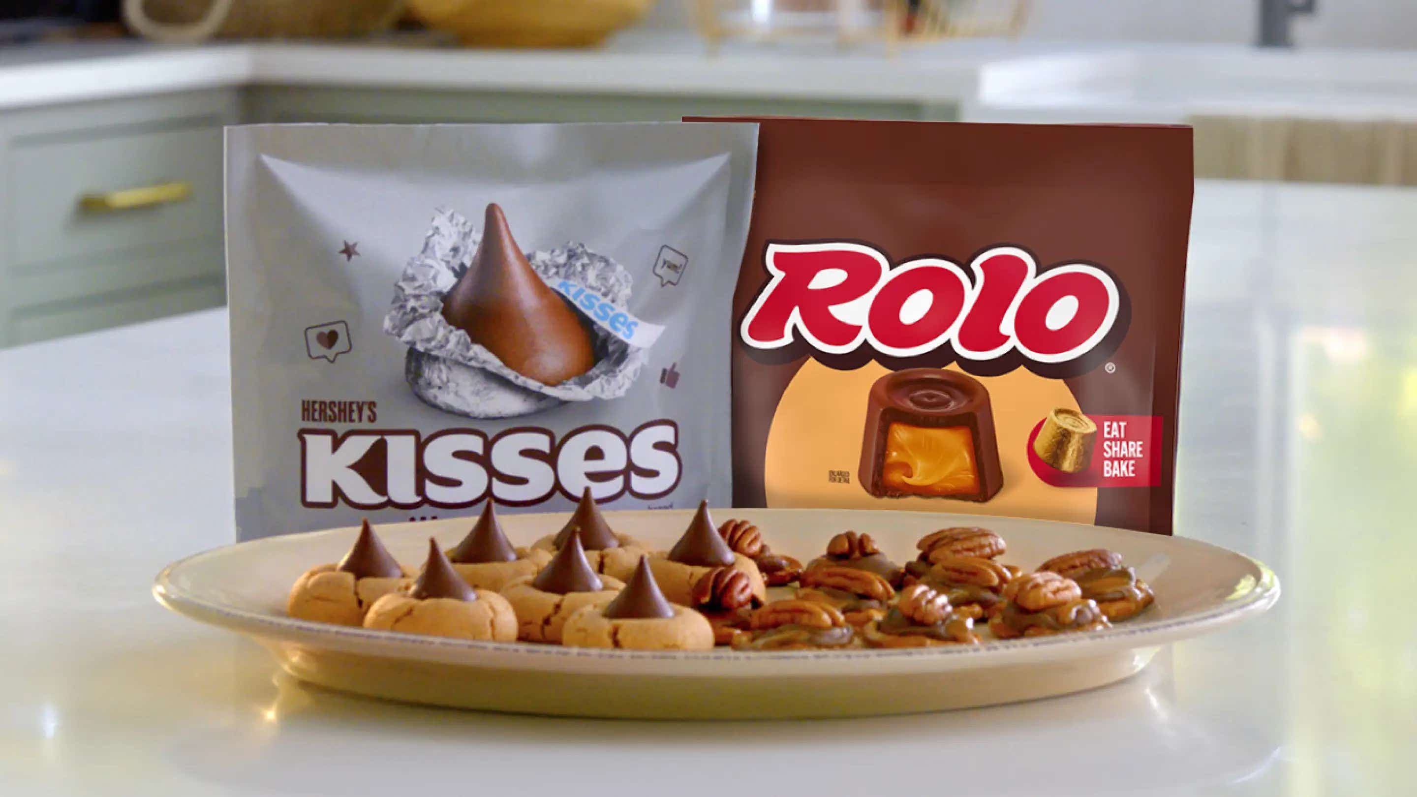 plate of treats made with hersheys kisses and rolo chocolate candies