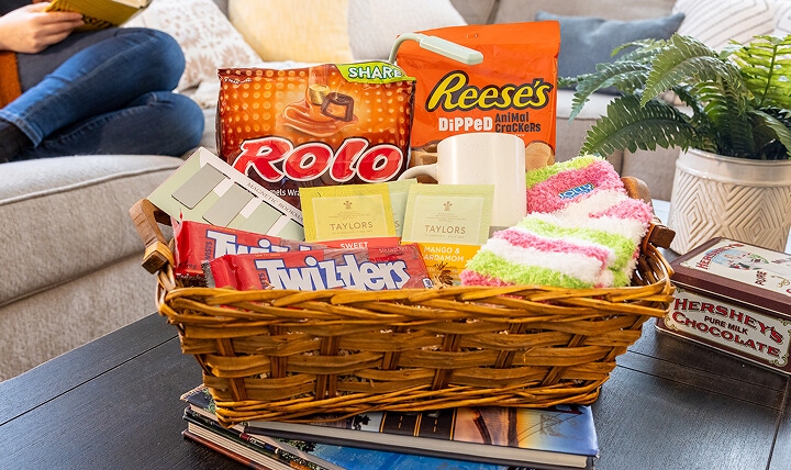 gift basket on coffee table