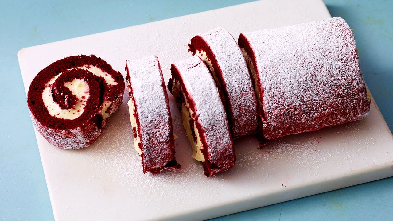 red velvet cake roll slices