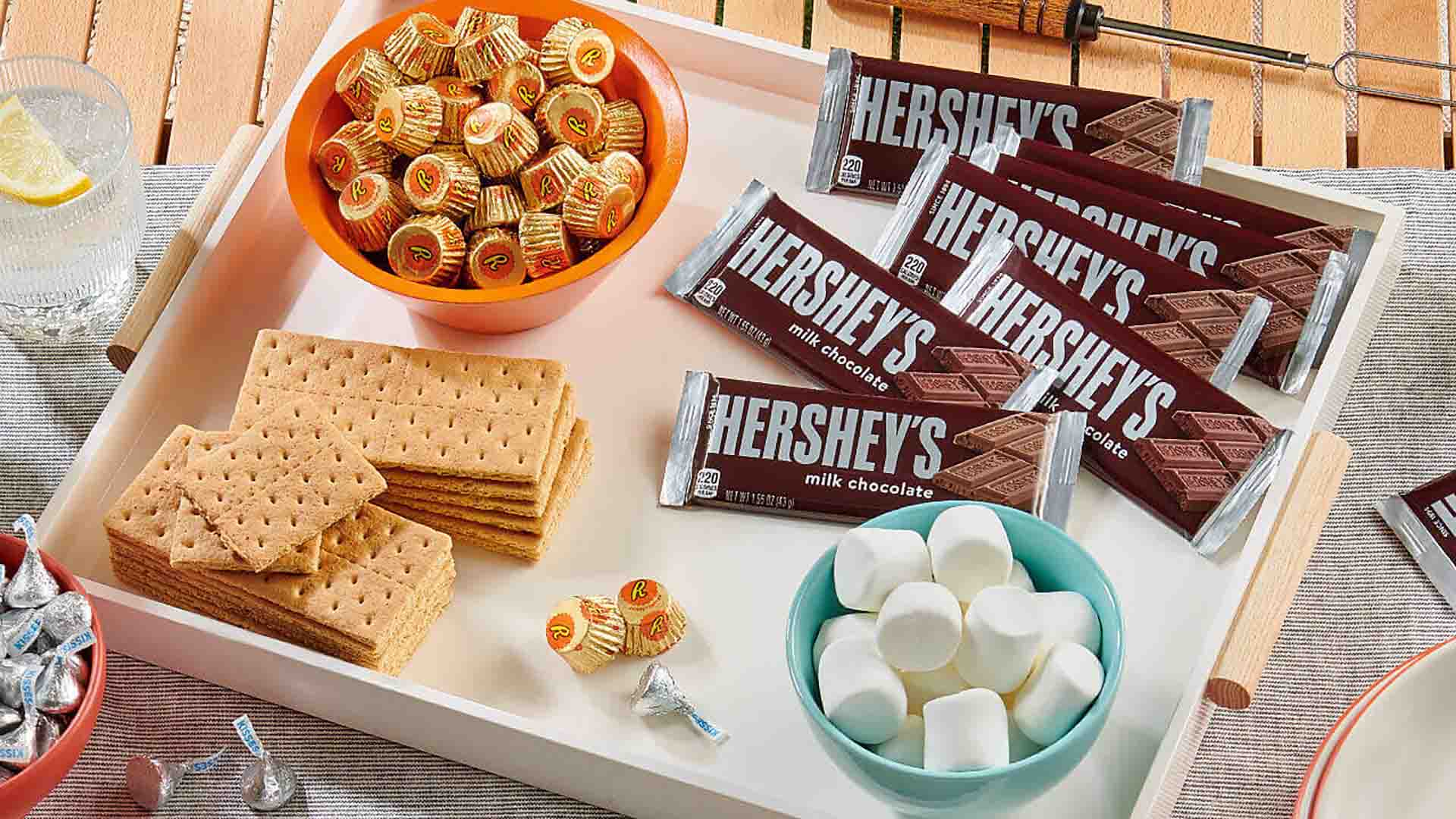 s'mores supplies on a serving tray