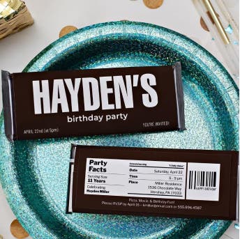 party plate with custom hershey chocolate candy bar wrappers