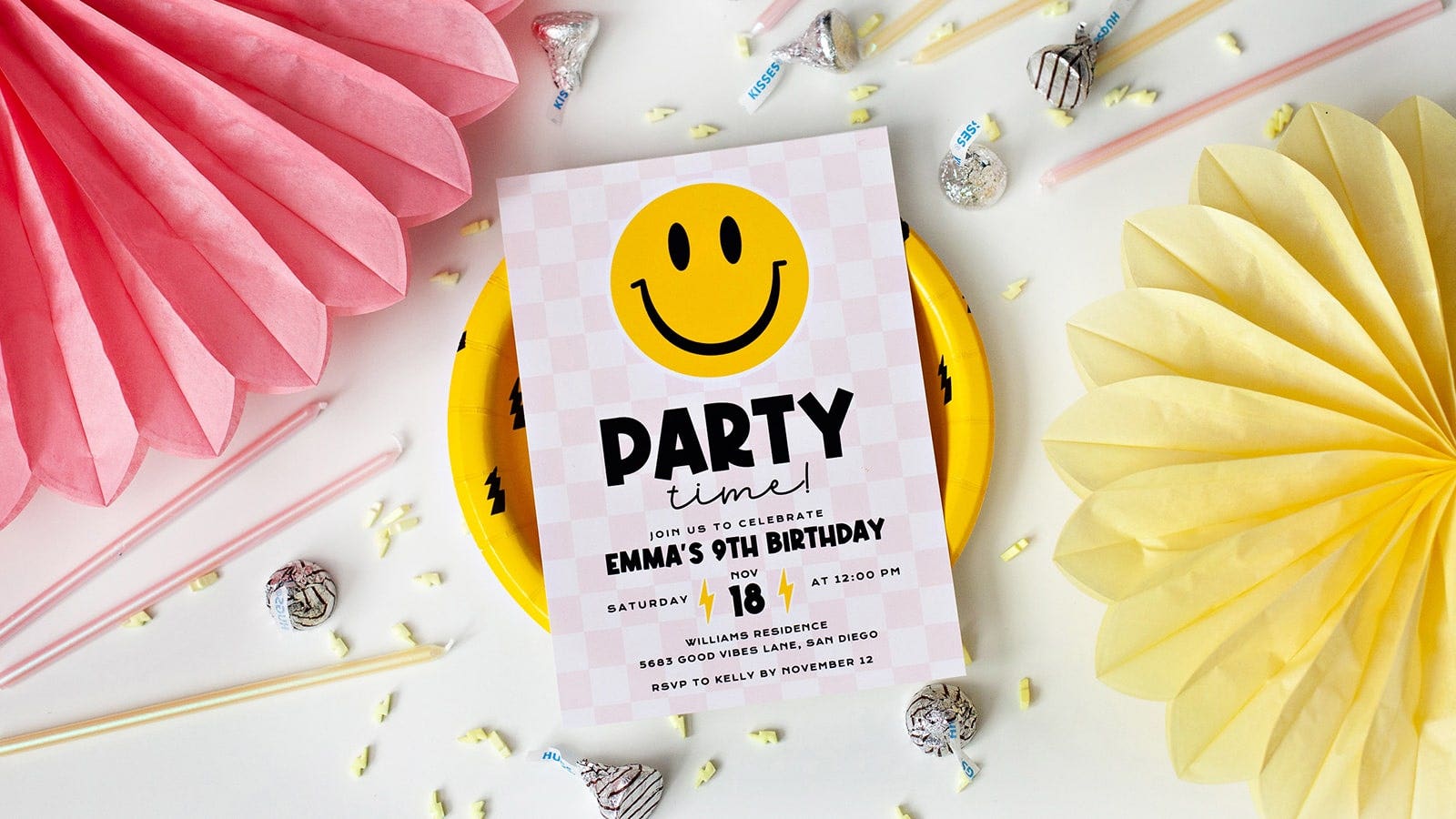 smiley face themed birthday invitations
