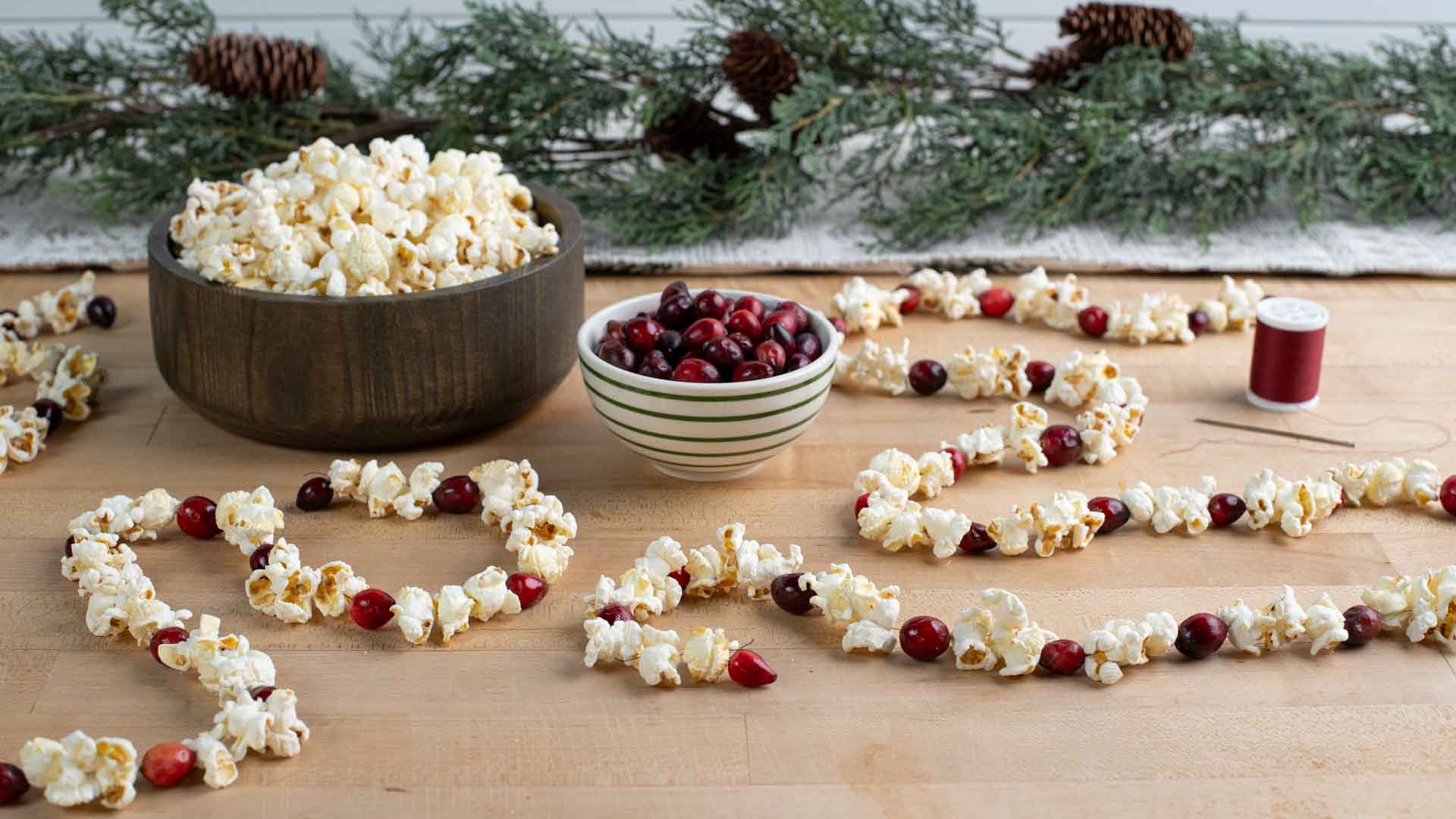 strands of skinnypop popcorn and cranberry garland beside bowl of snacks