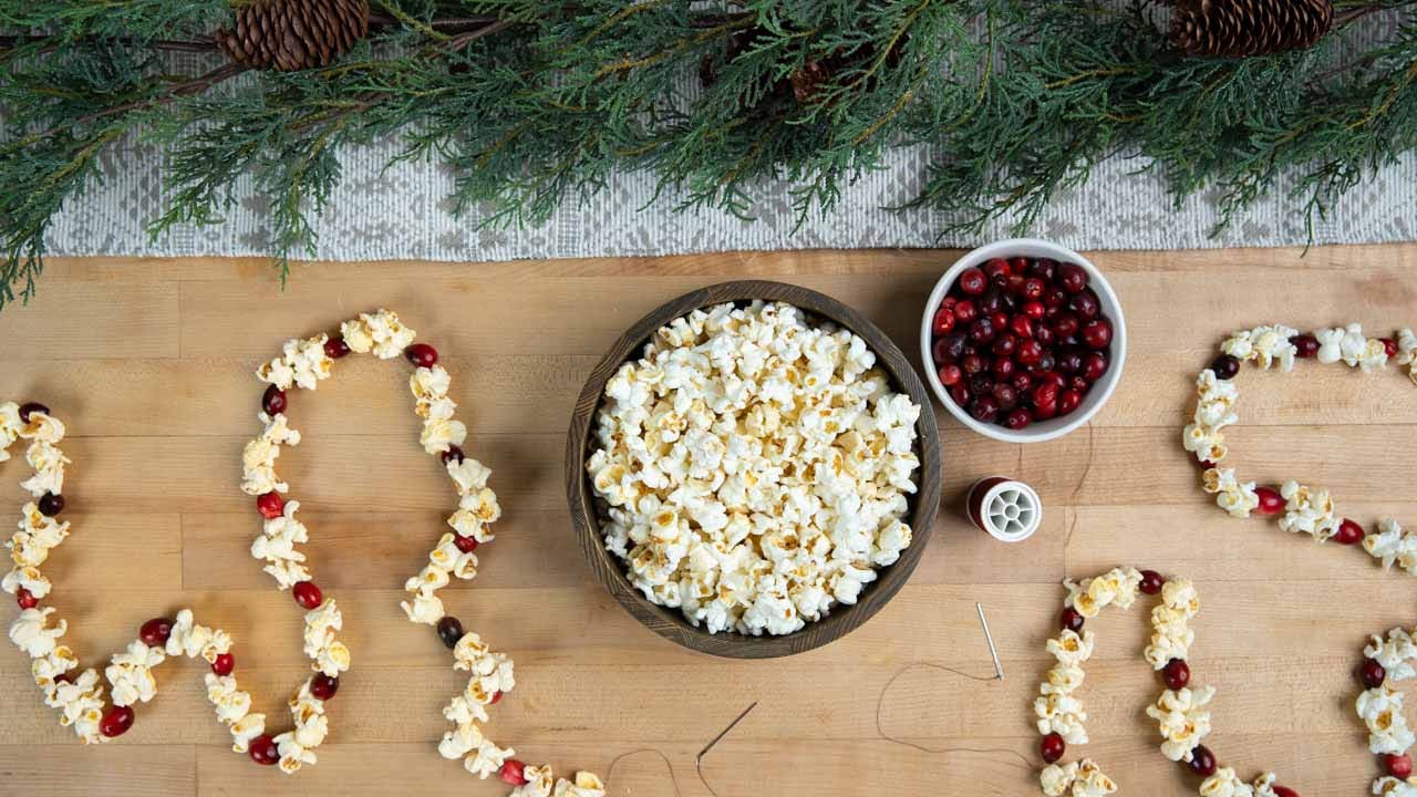 popcorn garland with a bowl of popcorn and a bowl of cranberries