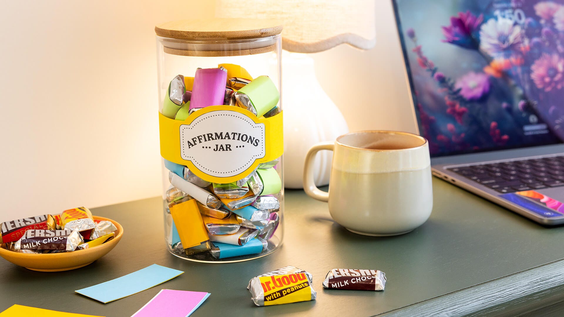 affirmations jar filled with miniature hershey candy bars