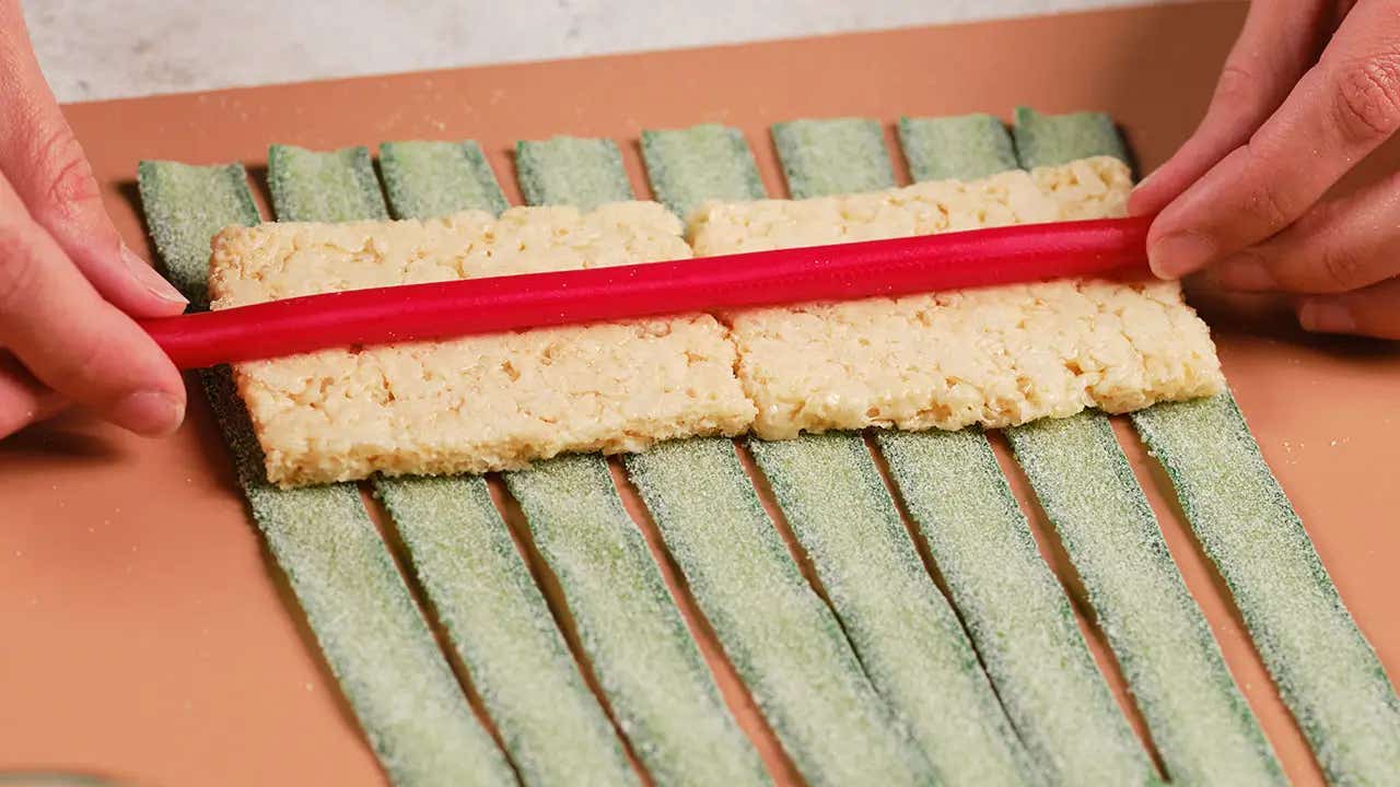 jolly rancher rope placed on top of the cereal treats
