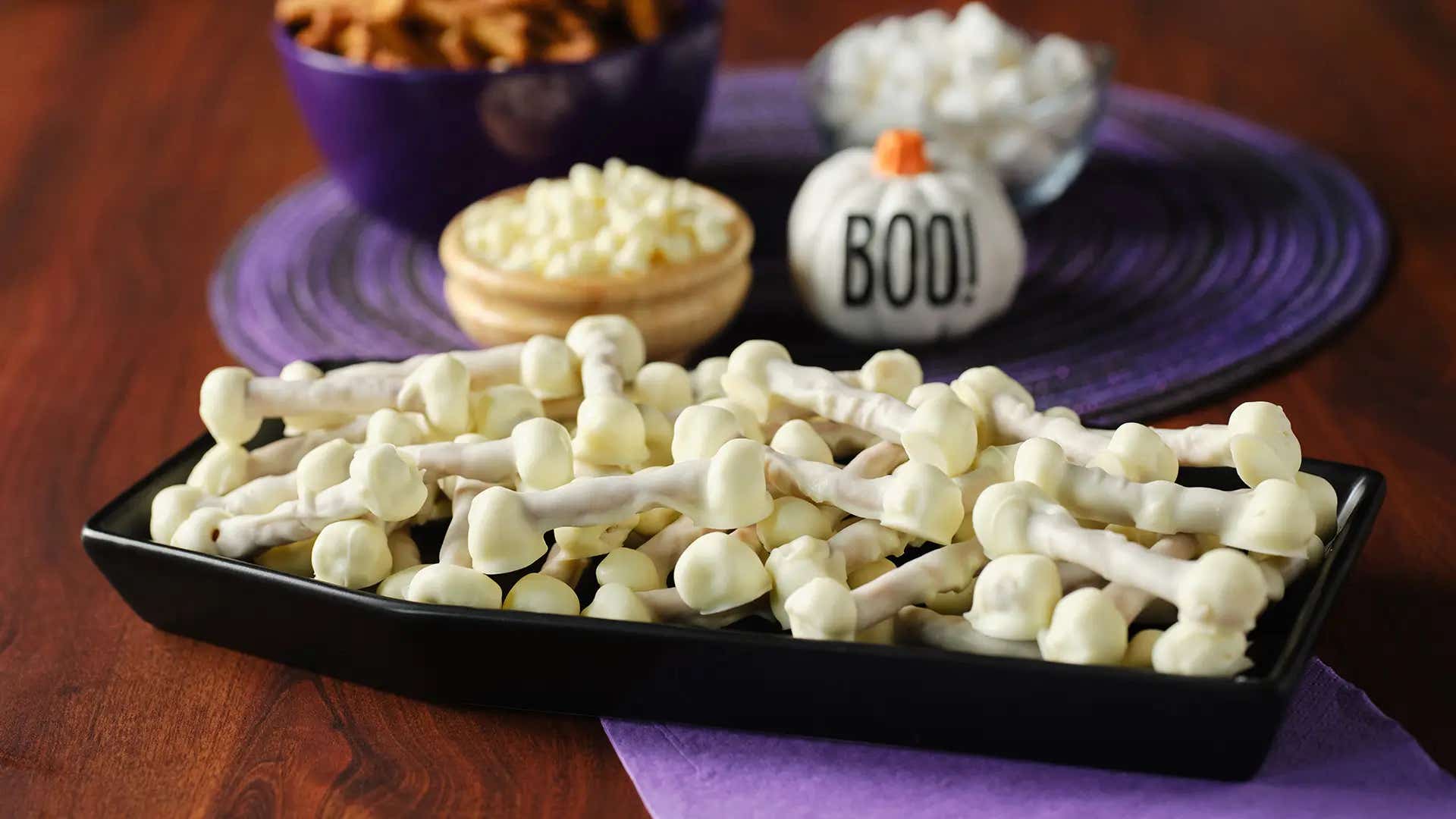 tray of pretzel and marshmallow bones