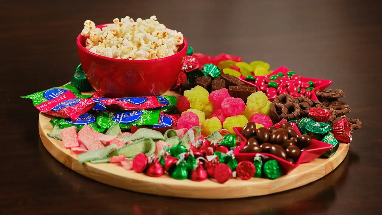 A board with a variety of Hershey's holiday products