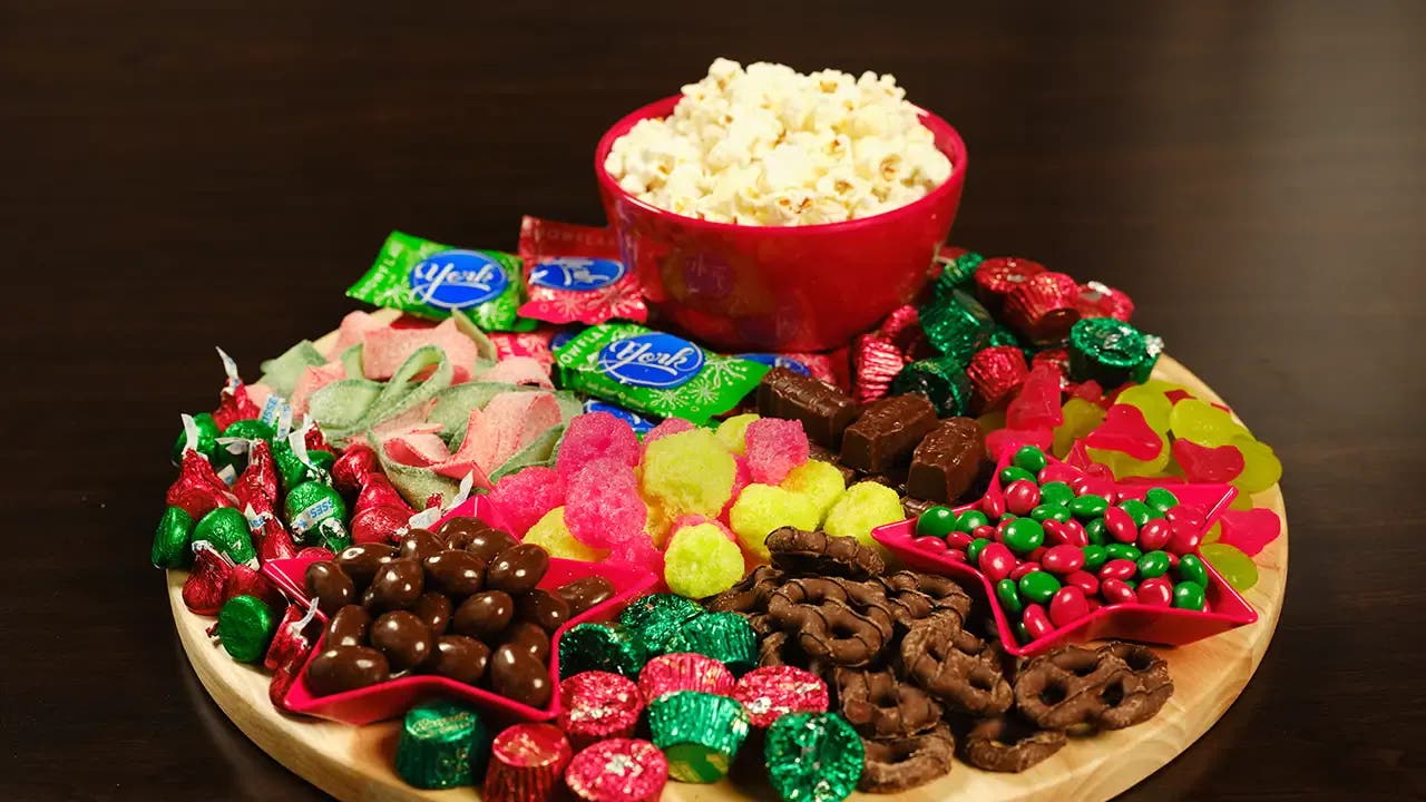 An alternate view of a board with a variety of Hershey's holiday products