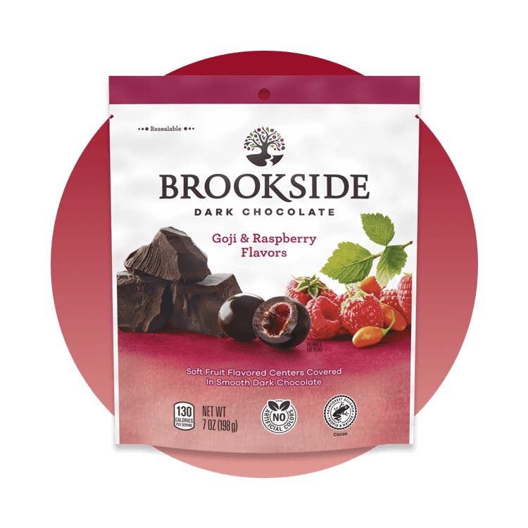 bag of brookside dark chocolate goji and raspberry flavors candy