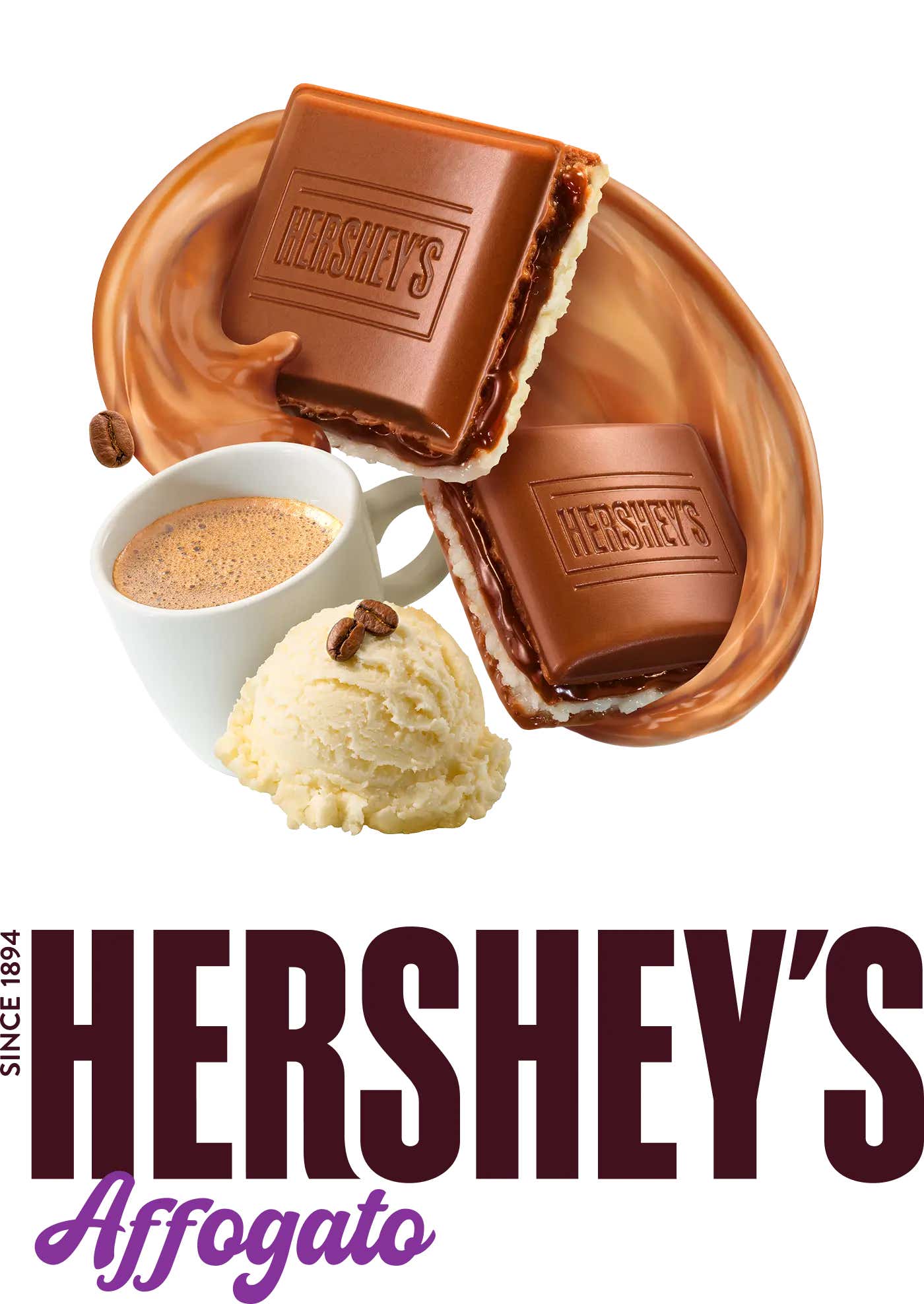 HERSHEY'S Affogato Bars logo and unwrapped candy bar pieces