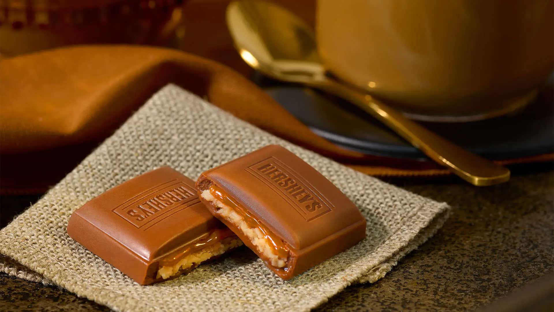pair of hersheys salted caramel creme bar pieces ready to serve