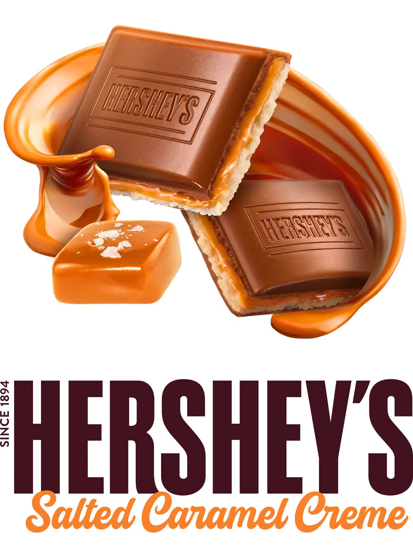 HERSHEY'S Salted Caramel Creme Bars logo and unwrapped candy bar pieces