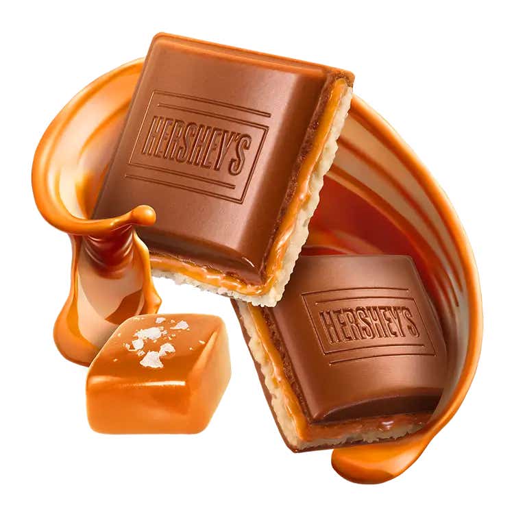 fully unwrapped HERSHEY'S Salted Caramel Creme Candy Bar pieces