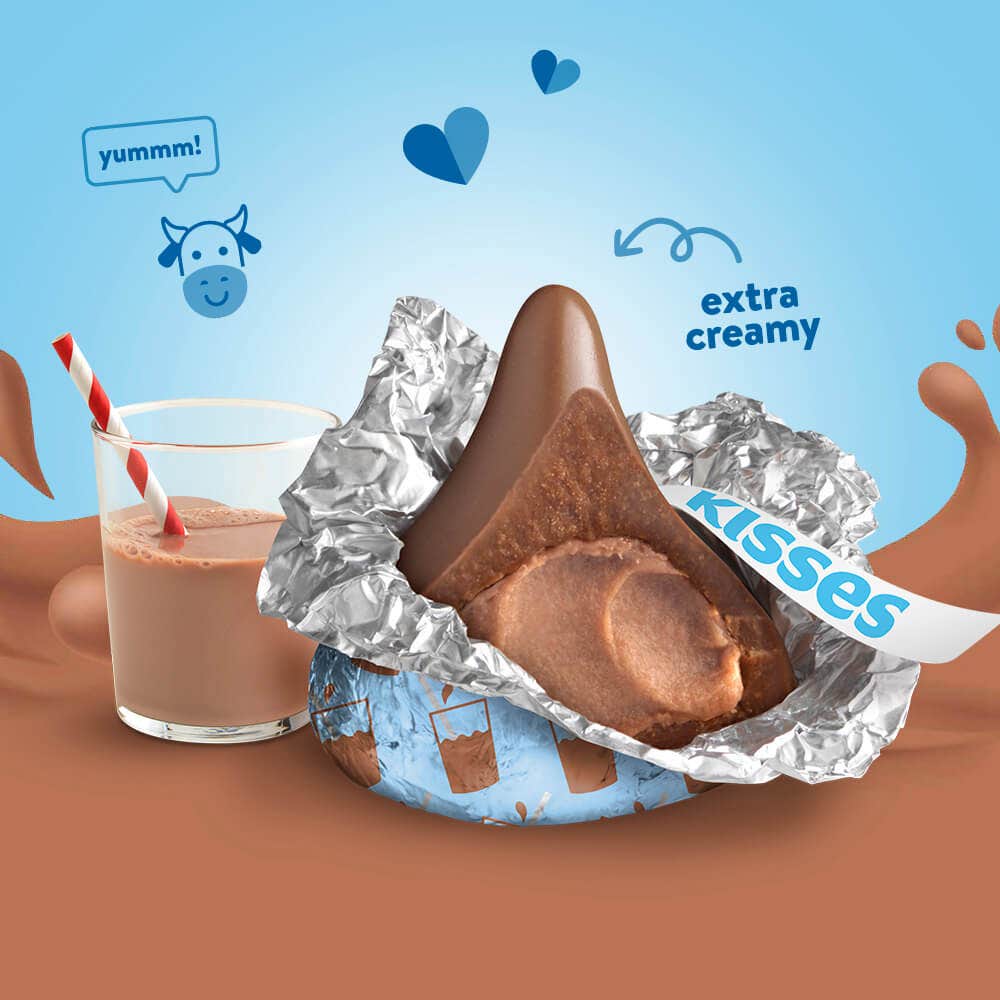 partially unwrapped hersheys milklicious kiss paired with a glass and splash of chocolate milk