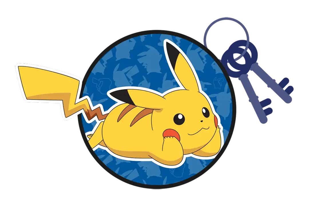 pikachu laying down and staring at a set of keys