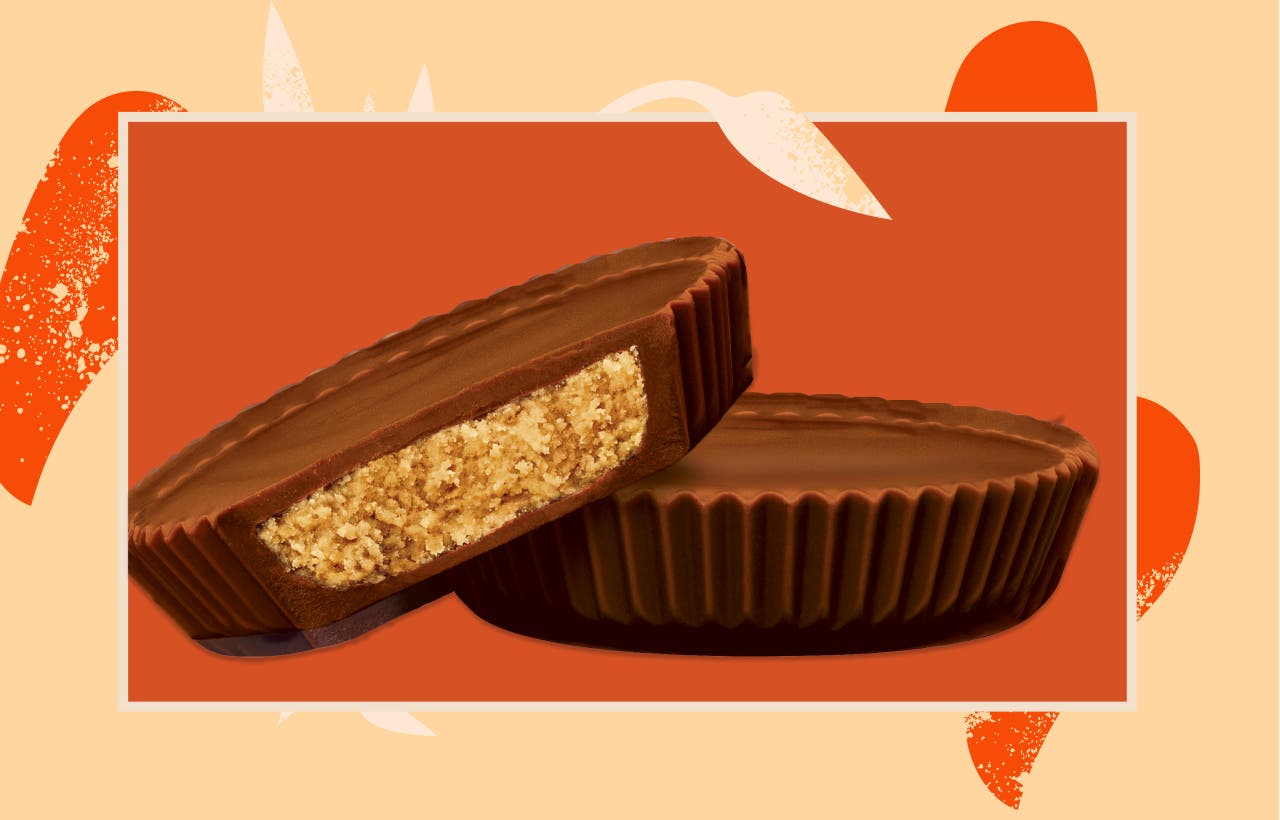 two plant based reeses, one cut in half