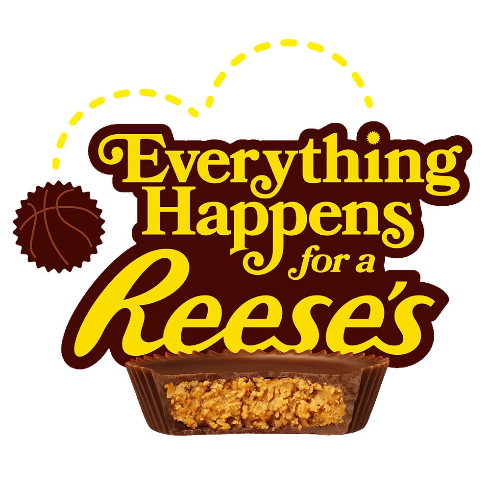 Everything happens for a Reese's logo featuring a basketball and Reese's cup
