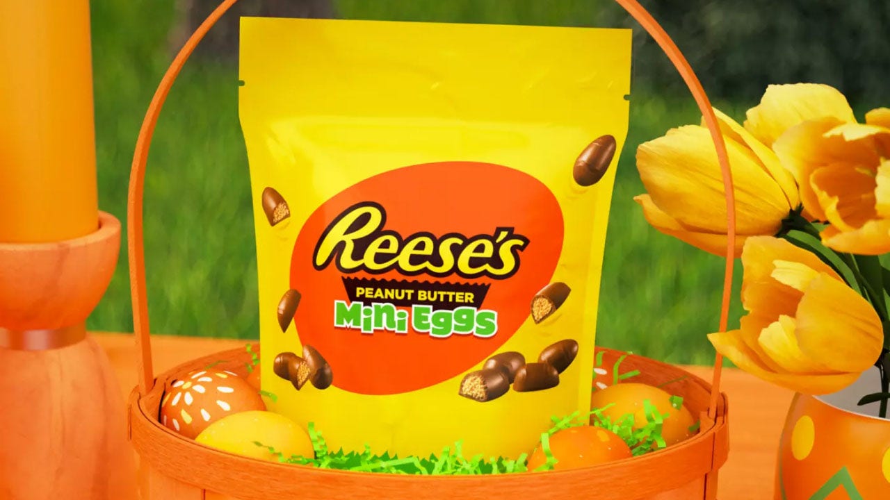 easter basket filled with eggs and bag of reeses milk chocolate peanut butter mini eggs candy