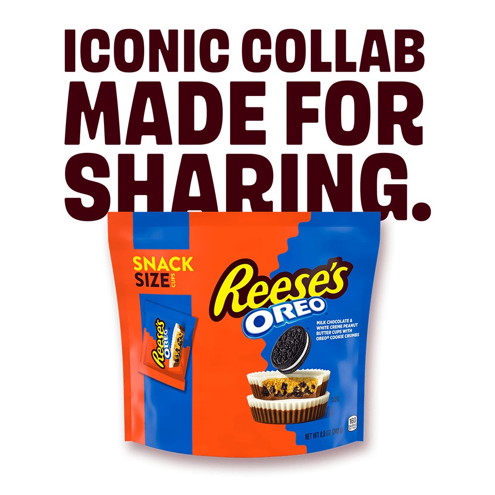 "Iconic Collab Made For Sharing." Reese's Oreo milk chocolate snack size peanut butter cups