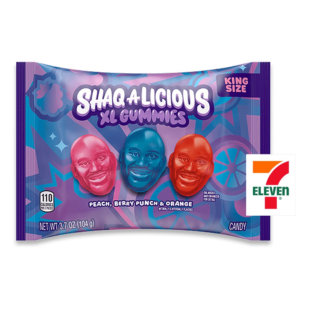 king size bag of shaqalicious xl gummies original flavors candy paired with 7-Eleven logo