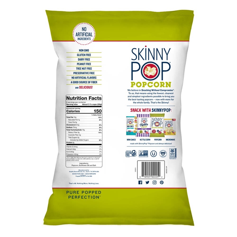 SKINNYPOP Original Popped Popcorn, 8 oz bag - Back of Package