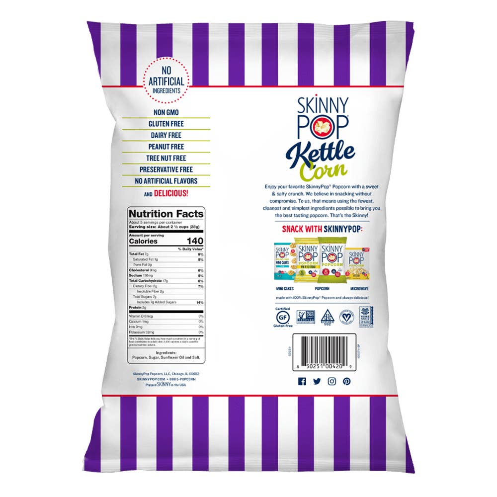 SKINNYPOP Sweet & Salty Kettle Corn, 5.3 oz bag - Back of Package