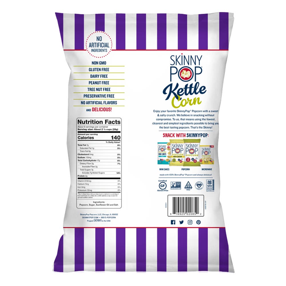 SKINNYPOP Sweet & Salty Kettle Corn, 8.1 oz bag - Back of Package