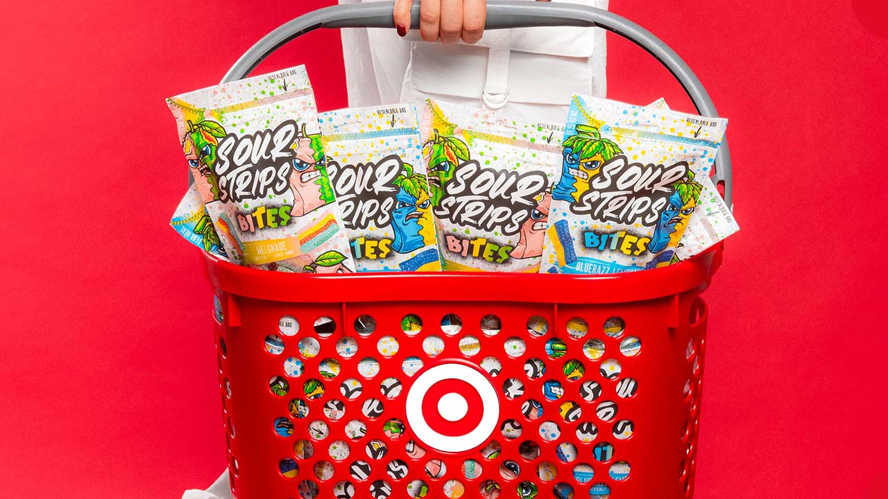 target shopping basket filled with sour strips bites flavored chewy candies