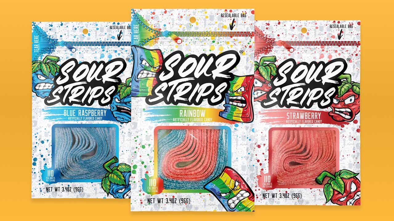assorted bags of sour strips flavored chewy candies