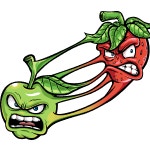 Half green apple and half red berry character with an angry expression