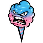 Blue and pink cotton candy character with an angry expression
