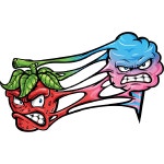 Red berry and blue-pink cotton candy character with an angry expression