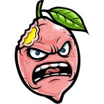 Pink lemonade character with a lemon slice and angry expression