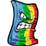 Rainbow character with an angry expression