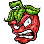 Strawberry character with leaves and an angry expression