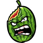 Watermelon character with a bite taken out and an angry expression