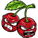 Wild cherry characters with angry expressions connected by a stem