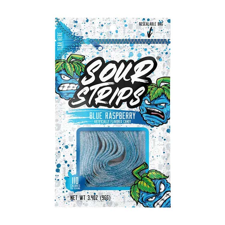 bag of sour strips blue raspberry flavored chewy candy