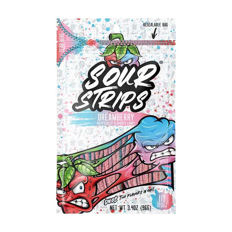 bag of sour strips duos dreamberry flavored chewy candy