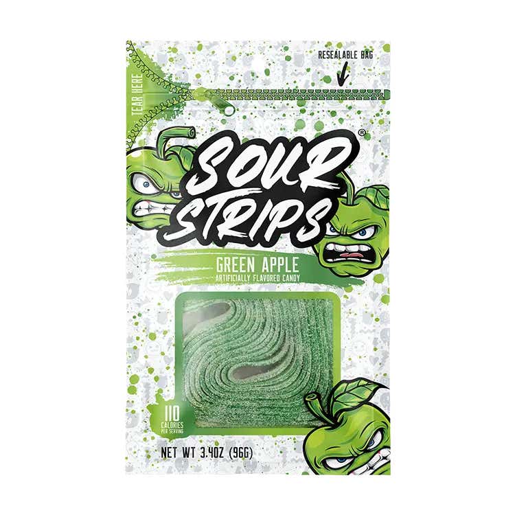 bag of sour strips green apple flavored chewy candy