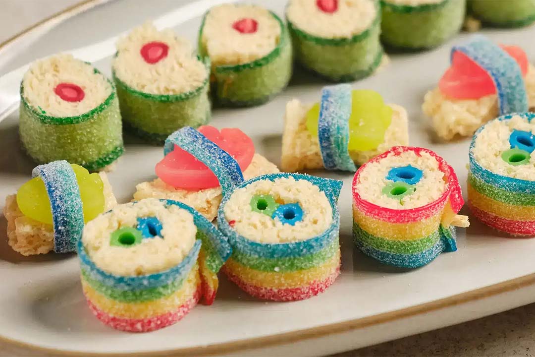 tray of sour strips candy sushi ready to serve