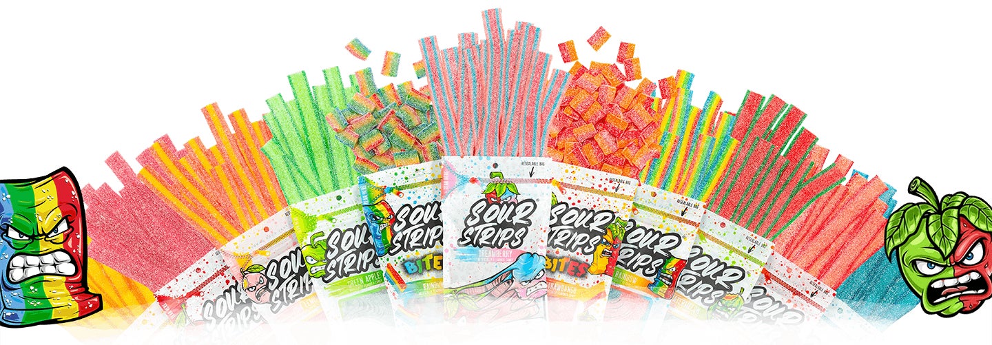assortment of wrapped and unwrapped sour strips chewy flavored candies
