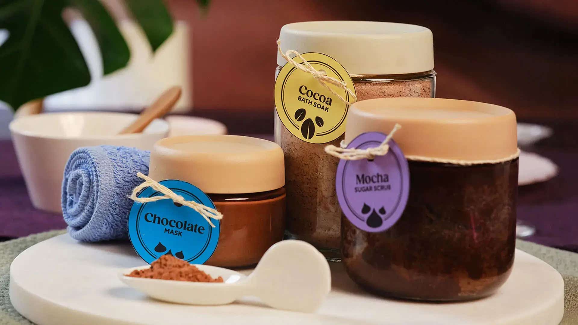 set of hersheys chocolate face mask, cocoa bath soak, and mocha sugar scrub