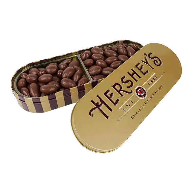 HERSHEY'S Milk Chocolate Covered Almonds, 16 oz tin - Front of Paclage